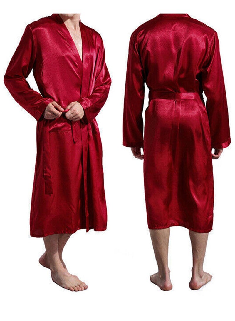 MARGOUN Men's Dressing Gown Kimono Robe Lightweight Silk Long Sleeved Home Sleepwear Loungewear Red XL(Length 49''/Chest 26'') - Image 3
