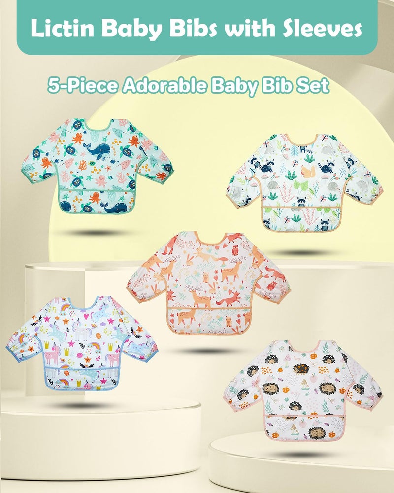 Lictin Long Sleeve Bibs 5 Pack - Baby Bibs for Girl, Waterproof Toddler Bibs, 0-24 Months Neutral Baby Smock for Eating, Reusable Infant Baby Bibs for Feeding Teething or Weaning - Image 2