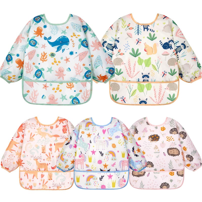 Lictin Long Sleeve Bibs 5 Pack - Baby Bibs for Girl, Waterproof Toddler Bibs, 0-24 Months Neutral Baby Smock for Eating, Reusable Infant Baby Bibs for Feeding Teething or Weaning - Image 1