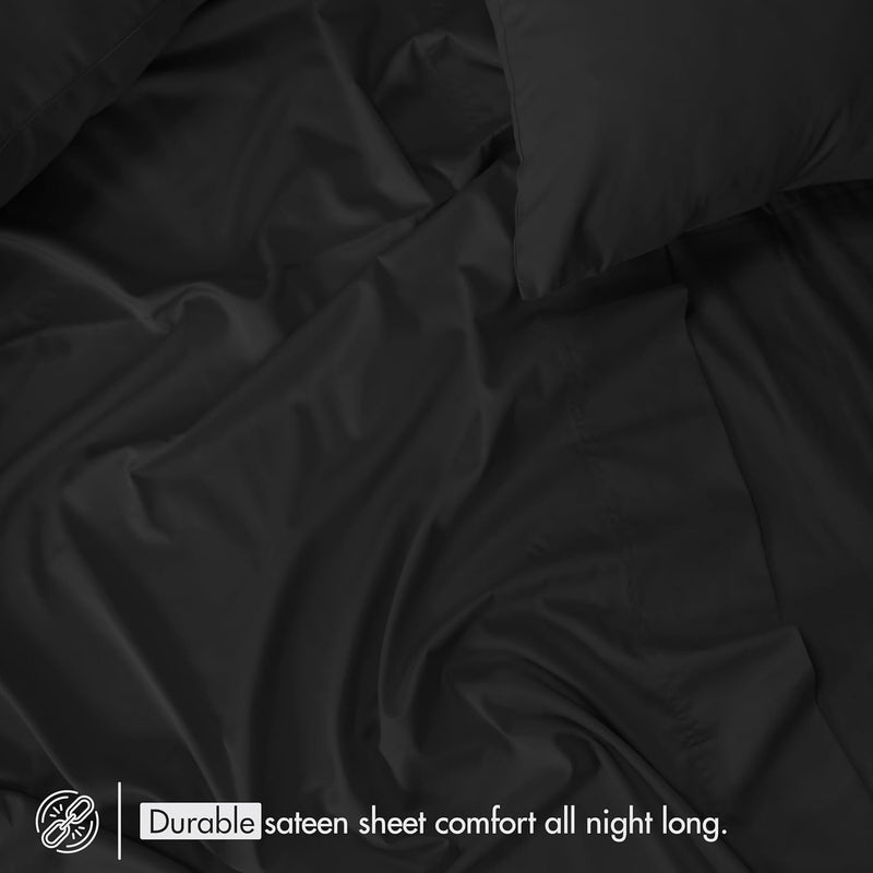 RUVANTI 100% Cotton Sheets Full Size Bed Set – 300 Thread Count Silky Soft Sateen Weave, Cooling, Lightweight & Breathable, 16" Deep Pocket, Durable & Luxury Satin-Like, 4 Piece, Black - Image 3