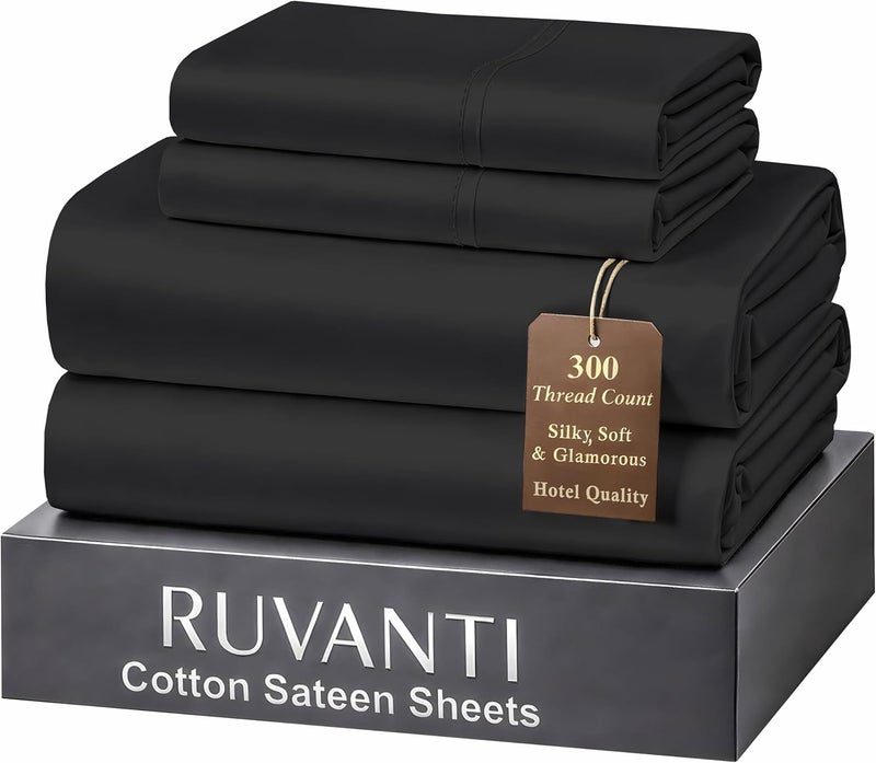 RUVANTI 100% Cotton Sheets Full Size Bed Set – 300 Thread Count Silky Soft Sateen Weave, Cooling, Lightweight & Breathable, 16" Deep Pocket, Durable & Luxury Satin-Like, 4 Piece, Black - Image 1