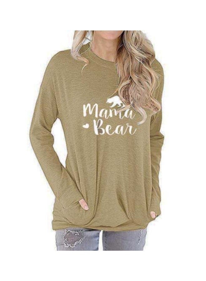 Hot Popular Women's Pocket Sweater Mama Bear Letter Printed Loose Round Neck Long Sleeve T-shirt