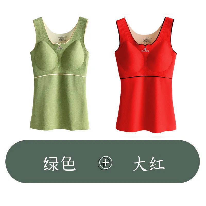 De Rong Oxygen-friendly 2.0 Thermal Vest Womens fleece-lined Thickened with Chest Pad Autumn and Winter Inner Base Thermal Underwear for Women Green+red 