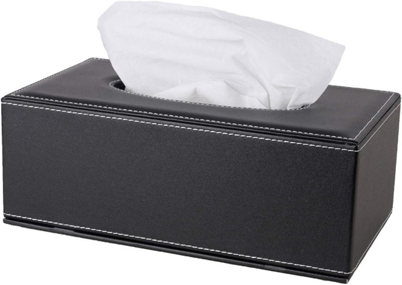 RHCSZ High-end Fashion PU Leather Tissue Box Holder Black with lid, Rectangular Napkin Facial Tissues Holder Dispenser,Home Office Car Tissue Box Cover Decorative Container with Magnetic Bottom (Black) - Image 1