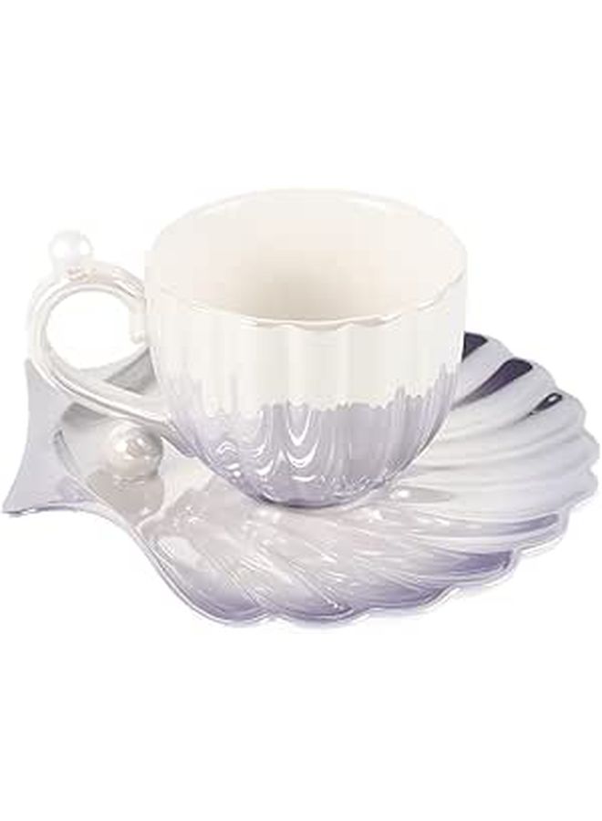 Gradient Purple Ceramic Coffee Cup and Saucer Set with Pearl Shell Design - Image 1