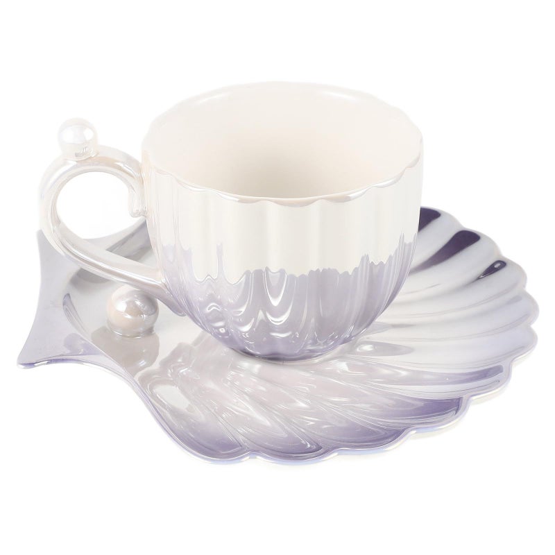 Gradient Purple Ceramic Coffee Cup and Saucer Set with Pearl Shell Design - Image 2
