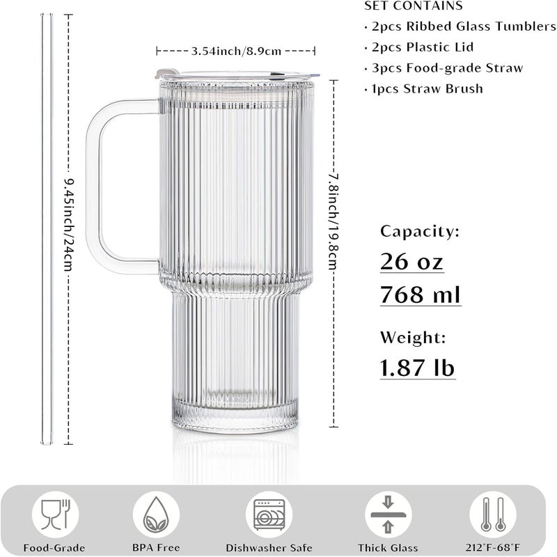 INSETLAN 26oz Ribbed Glass Tumbler with Handle & Lid – 2-Pack Large Iced Coffee Cups with Straws, Modern Glass Mug for Cold & Hot Beverages, Aesthetic Travel Cup for Smoothies, Tea, and Juice - Image 2