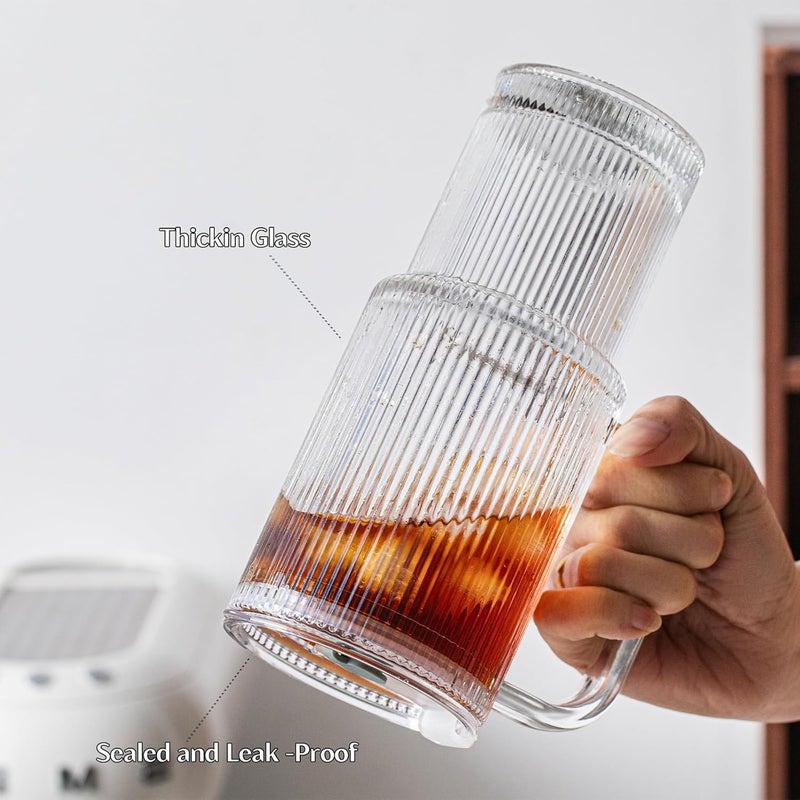 INSETLAN 26oz Ribbed Glass Tumbler with Handle & Lid – 2-Pack Large Iced Coffee Cups with Straws, Modern Glass Mug for Cold & Hot Beverages, Aesthetic Travel Cup for Smoothies, Tea, and Juice - Image 5