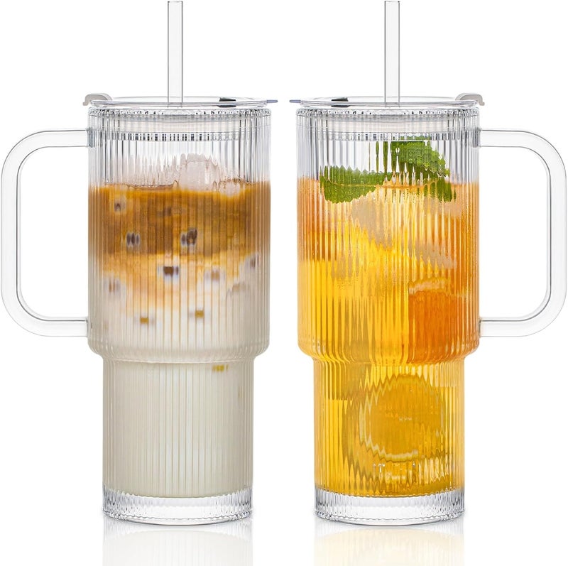 INSETLAN 26oz Ribbed Glass Tumbler with Handle & Lid – 2-Pack Large Iced Coffee Cups with Straws, Modern Glass Mug for Cold & Hot Beverages, Aesthetic Travel Cup for Smoothies, Tea, and Juice - Image 1