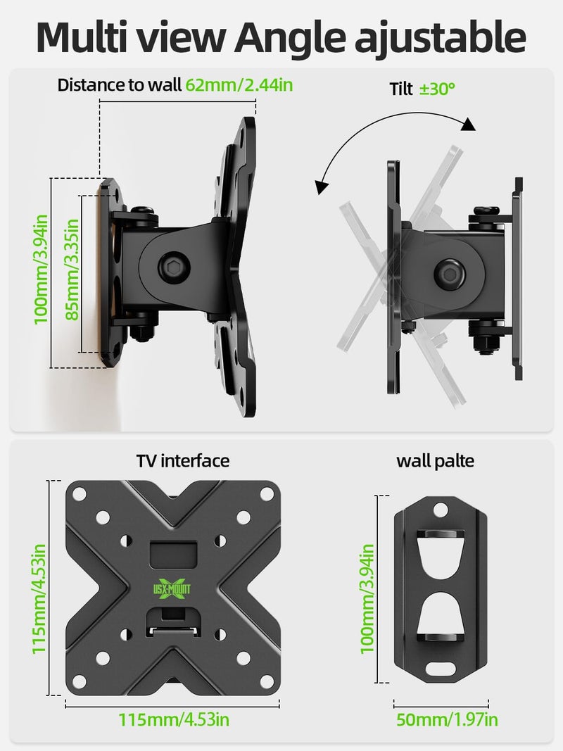 USX MOUNT Small TV Wall Mount Monitor Bracket | RV TV Mount | with Swivel and Tilt VESA Wall Mount for 10-26 27 32 inch LED OLED TVs and Monitors - VESA Size Up to 100x100mm and 22lb Capacity-XMS002 - Image 3