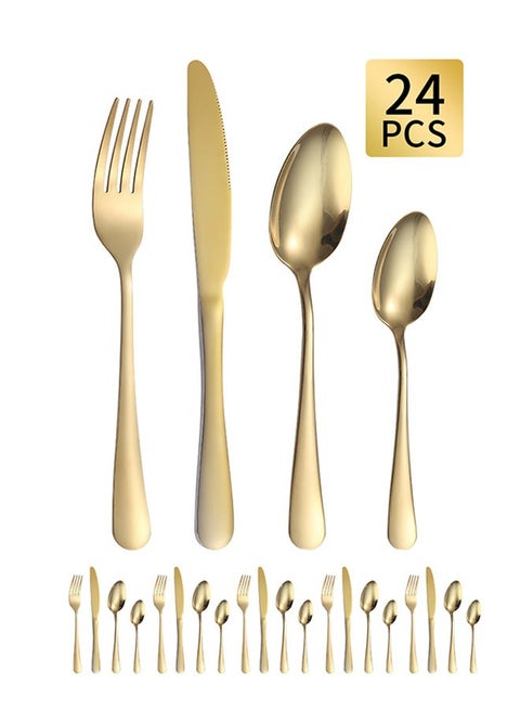 24-Piece Stainless Steel Cutlery Set Golden Kitchen Utensils Set, Tableware Set For Home Kitchen Restaurant Hotel Gatherings Picnic Dining 18 cm Golden