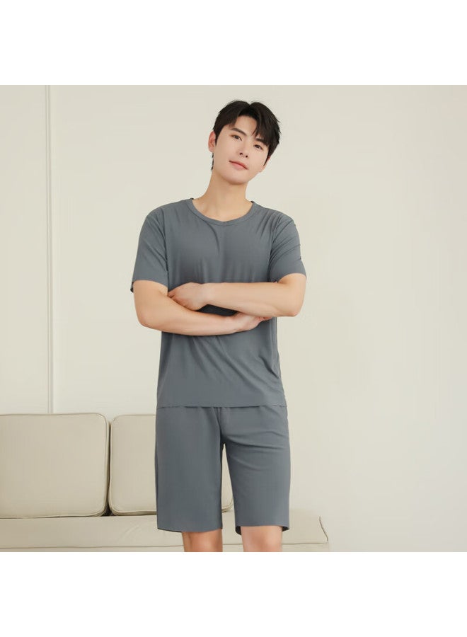 LANG SHA Langsha Men's Summer Thin Ice Silk Ribbed Round Neck Plus Size Loose Seamless Casual Short Sleeve Shorts Set Home Service - Image 5