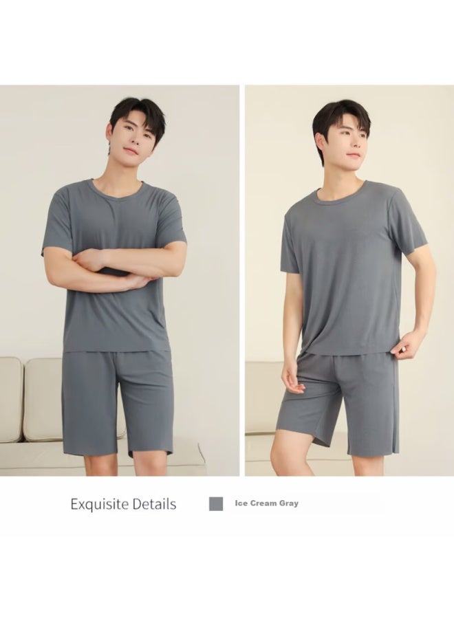LANG SHA Langsha Men's Summer Thin Ice Silk Ribbed Round Neck Plus Size Loose Seamless Casual Short Sleeve Shorts Set Home Service - Image 2