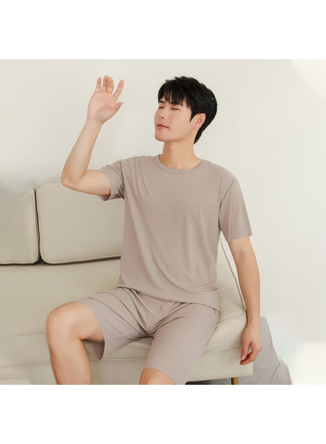 LANG SHA Langsha Men's Summer Thin Ice Silk Ribbed Round Neck Plus Size Loose Seamless Casual Short Sleeve Shorts Set Home Service - Image 4