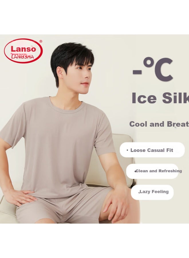 LANG SHA Langsha Men's Summer Thin Ice Silk Ribbed Round Neck Plus Size Loose Seamless Casual Short Sleeve Shorts Set Home Service - Image 1