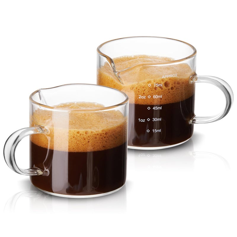 Mfacoy 2 Pack Measuring Cups 75ML Espresso Cups with Handle Espresso Shot Glasses with VShaped Mouth Clear Accessories Milk Frothing Pitcher