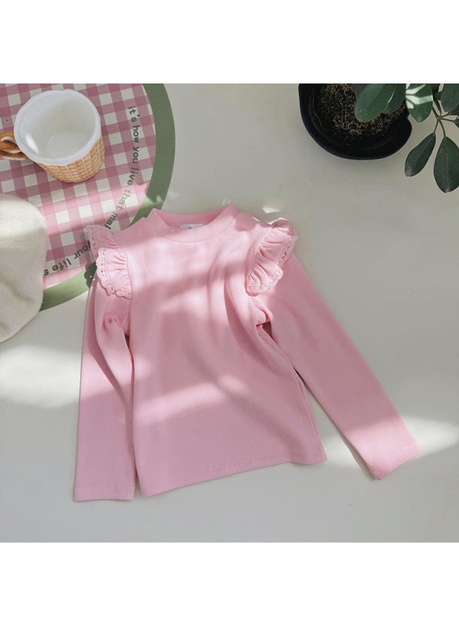 South Korea Children's Wear Spring And Autumn Baby Girl Baby Soft Floral Base Shirt Long Sleeve Flying Sleeve Lace Cute Children's T-shirt