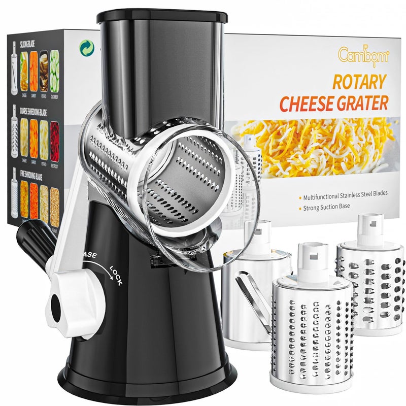 Cambom Rotary Cheese Grater Hand Crank Cheese Shredder for Fresh Cheese, Vegetable, Nuts,Non-slip Suction Base, Free Cleaning Brush Three Blades,Yellow - Image 1