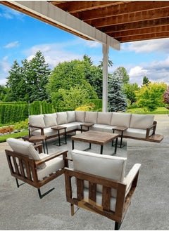 Mardod Saudi Outdoor Set of Iron and European Wood Consisting of L-shaped Corner Sofa with Two Built-in Side Tables + 2 Chairs + Center Coffee Table + 4 Side Tables - Beige - 5Set_MTL_00009