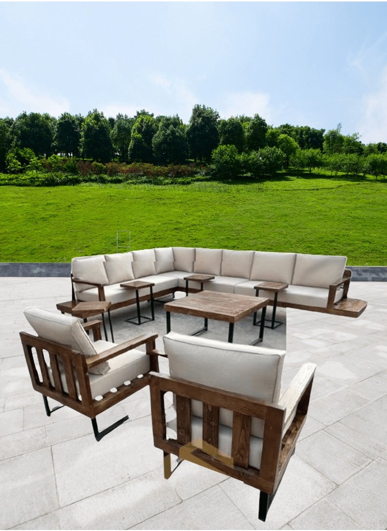 Generic - Mardod Saudi Outdoor Set of Iron and European Wood Consisting of L-shaped Corner Sofa with Two Built-in Side Tables + 2 Chairs + Center Coffee Table + 4 Side Tables - Beige - 5Set_MTL_00009 - Image 1