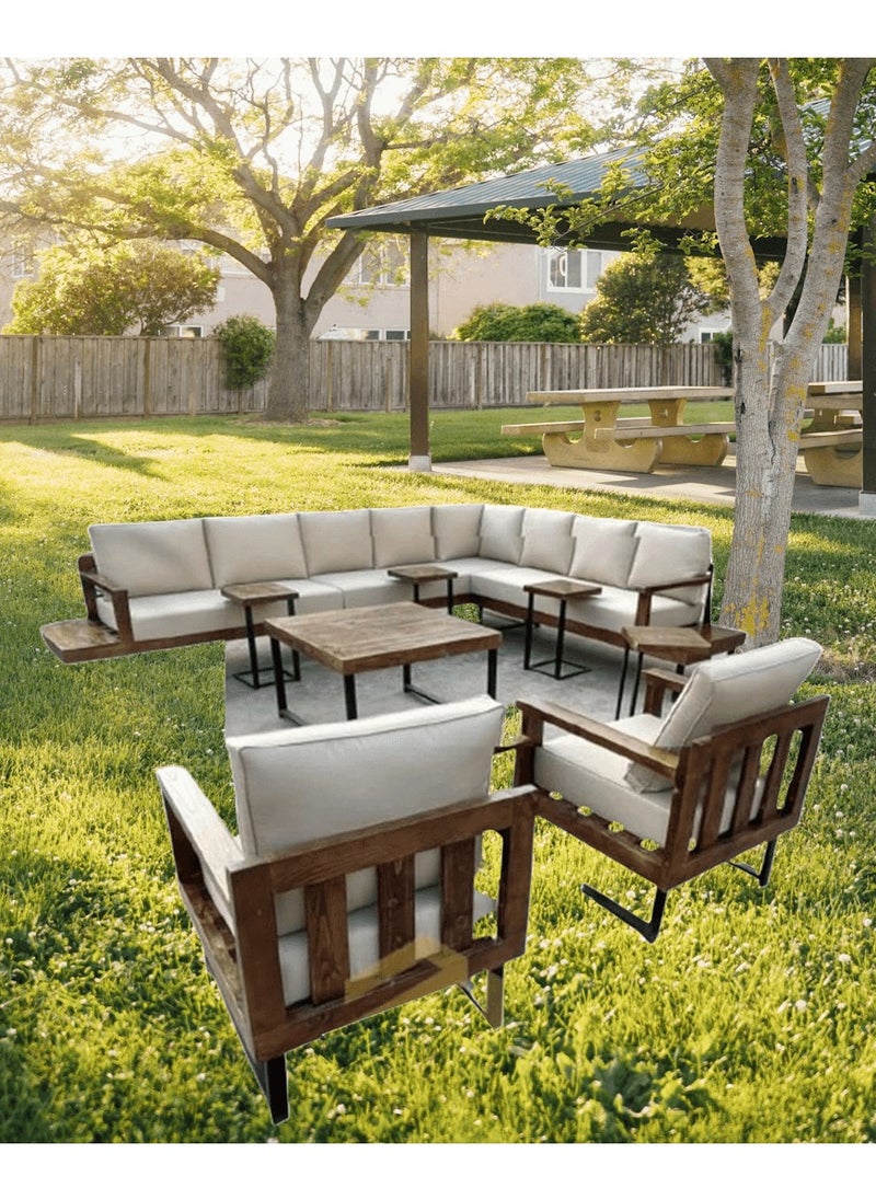 Generic - Mardod Saudi Outdoor Set of Iron and European Wood Consisting of L-shaped Corner Sofa with Two Built-in Side Tables + 2 Chairs + Center Coffee Table + 4 Side Tables - Beige - 5Set_MTL_00009 - Image 1