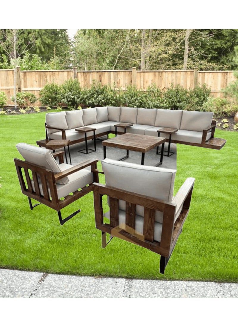 Generic - Mardod Saudi Outdoor Set of Iron and European Wood Consisting of L-shaped Corner Sofa with Two Built-in Side Tables + 2 Chairs + Center Coffee Table + 4 Side Tables - Beige - 5Set_MTL_00009 - Image 1