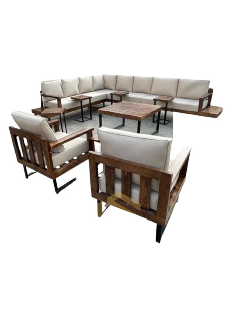 Generic - Mardod Saudi Outdoor Set of Iron and European Wood Consisting of L-shaped Corner Sofa with Two Built-in Side Tables + 2 Chairs + Center Coffee Table + 4 Side Tables - Beige - 5Set_MTL_00009 - Image 1