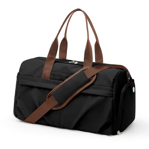 livbote Gym Bag for Women Men with Shoe Compartment, Sport Duffel Bag, Waterproof Travel Weekender Overnight Carry on Bag for Yoga with Trolley Sleeve, Black Brown - Image 1