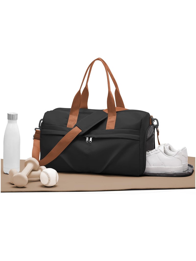 livbote Gym Bag for Women Men with Shoe Compartment, Sport Duffel Bag, Waterproof Travel Weekender Overnight Carry on Bag for Yoga with Trolley Sleeve, Black Brown - Image 2