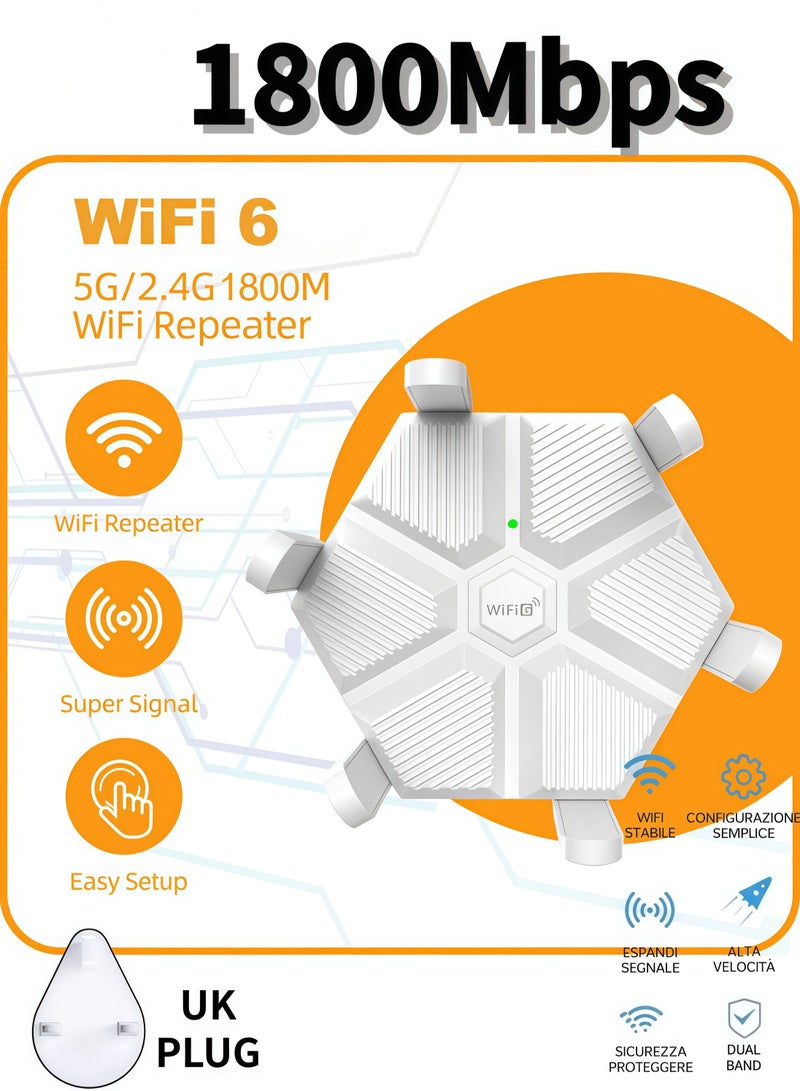 1800Mbps WiFi 6 Mesh Wireless Repeater, 6 Antennas 2.4GHz/5GHz Dual-Band Gigabit Wireless Internet Router Extender, Wireless Signal Booster, 360° Full Coverage, for Home and Office, Gaming - Image 1