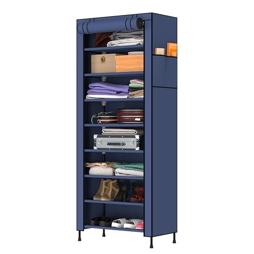 MY ARMOR Multipurpose Collapsible Wardrobe |Multipurpose Storage Rack, Foldable Fabric Wardrobe Organizer for Clothes, 1-Door, 8 Shelves/Cabin - Navy Blue - Image 1