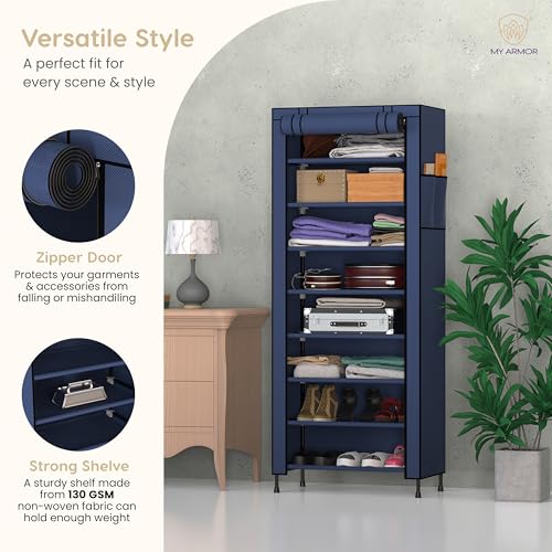MY ARMOR Multipurpose Collapsible Wardrobe |Multipurpose Storage Rack, Foldable Fabric Wardrobe Organizer for Clothes, 1-Door, 8 Shelves/Cabin - Navy Blue - Image 2