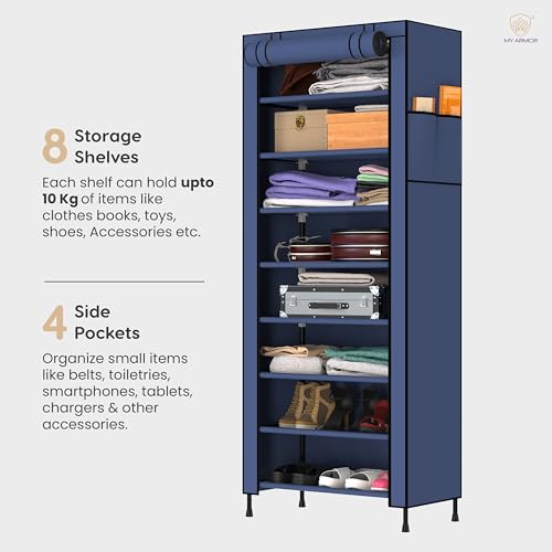 MY ARMOR Multipurpose Collapsible Wardrobe |Multipurpose Storage Rack, Foldable Fabric Wardrobe Organizer for Clothes, 1-Door, 8 Shelves/Cabin - Navy Blue - Image 3