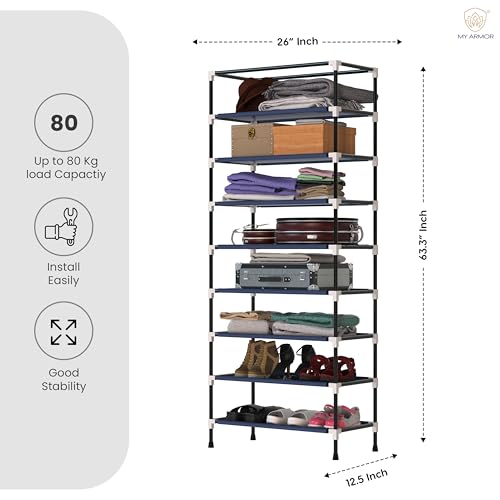 MY ARMOR Multipurpose Collapsible Wardrobe |Multipurpose Storage Rack, Foldable Fabric Wardrobe Organizer for Clothes, 1-Door, 8 Shelves/Cabin - Navy Blue - Image 4