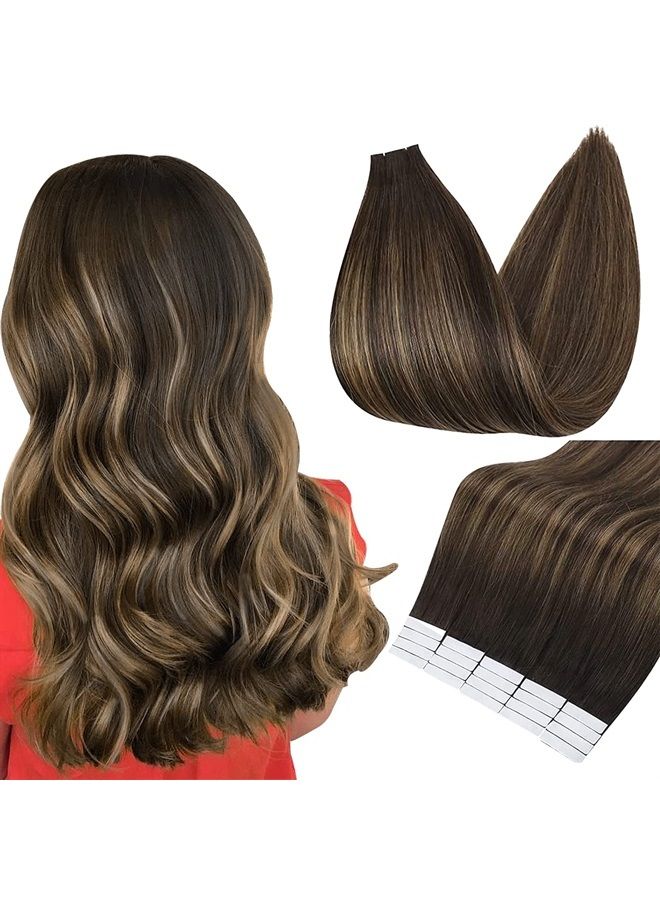 Tape on Hair Extensions 30 Grams Double Sided Tape in Hair 12 Inch Glue on Hair Extensions Color 2 Fading to 8 Ash Brown Highlight 2 Darkest Brown Balayage Straight Tape in Hair Extensions