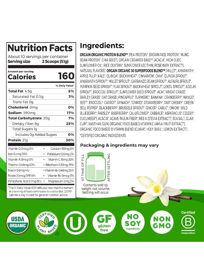 Orgain Organic Vegan Protein + 50 Superfoods Powder, Vanilla Bean - 21g Plant Based Protein, 8g Prebiotic Fiber, No Lactose Ingredients, Gluten Free, No Added Sugar, 1.12 lb (Packaging May Vary) - Image 2