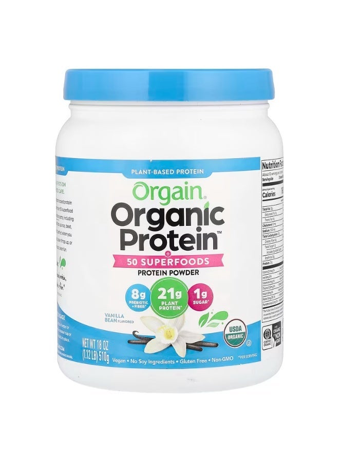Orgain Organic Vegan Protein + 50 Superfoods Powder, Vanilla Bean - 21g Plant Based Protein, 8g Prebiotic Fiber, No Lactose Ingredients, Gluten Free, No Added Sugar, 1.12 lb (Packaging May Vary) - Image 1