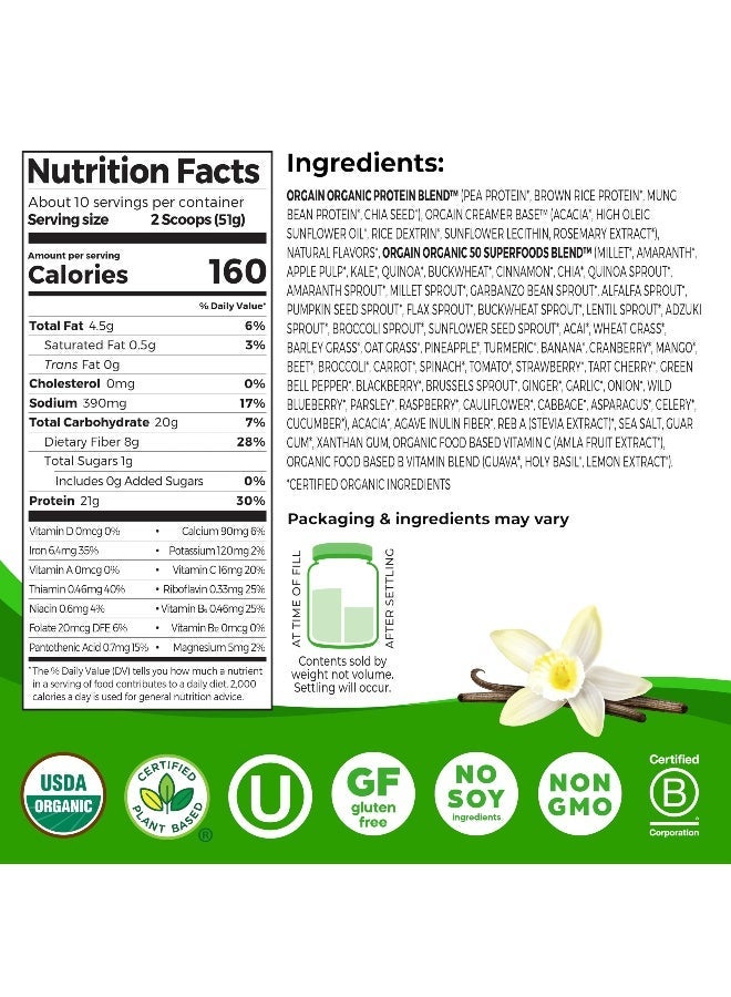 Orgain Organic Vegan Protein + 50 Superfoods Powder, Vanilla Bean - 21g Plant Based Protein, 8g Prebiotic Fiber, No Lactose Ingredients, Gluten Free, No Added Sugar, 1.12 lb (Packaging May Vary) - Image 2