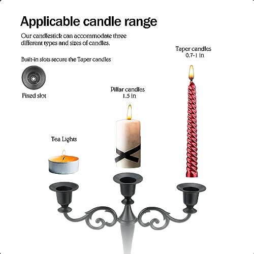 Viscacha 3 Metal Candelabra – Candlesticks Holder for Formal Events, Wedding, Church, Holiday Décor, Halloween – Taper Candle Holder Stand Centerpiece Elegant Decoration Piece for Table,Pure Black - Image 3