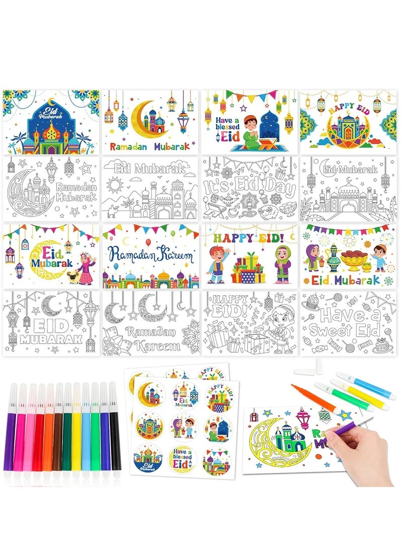 Generic 16pcs Eid Mubarak Greeting Cards Ramadan Mubarak Coloring Gift Cards with Stickers Envelopes Paint Pens, Ramadan Kareem Gift Cards for Kids, Eid Holiday Greeting Cards Eid Mubarak Party Favors  - Image 1