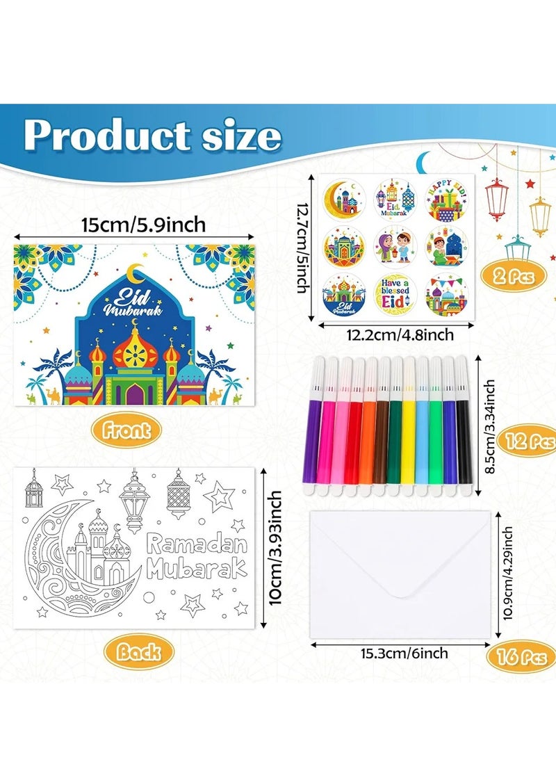 Generic 16pcs Eid Mubarak Greeting Cards Ramadan Mubarak Coloring Gift Cards with Stickers Envelopes Paint Pens, Ramadan Kareem Gift Cards for Kids, Eid Holiday Greeting Cards Eid Mubarak Party Favors  - Image 2