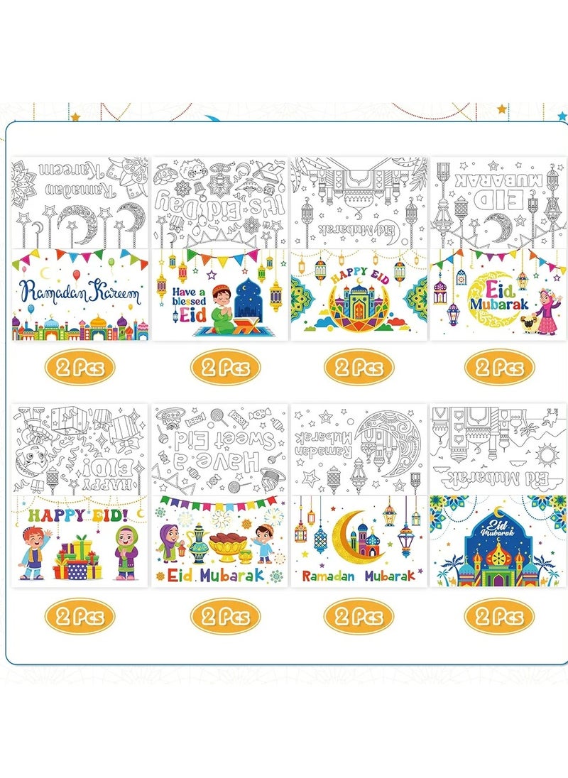 Generic 16pcs Eid Mubarak Greeting Cards Ramadan Mubarak Coloring Gift Cards with Stickers Envelopes Paint Pens, Ramadan Kareem Gift Cards for Kids, Eid Holiday Greeting Cards Eid Mubarak Party Favors  - Image 3
