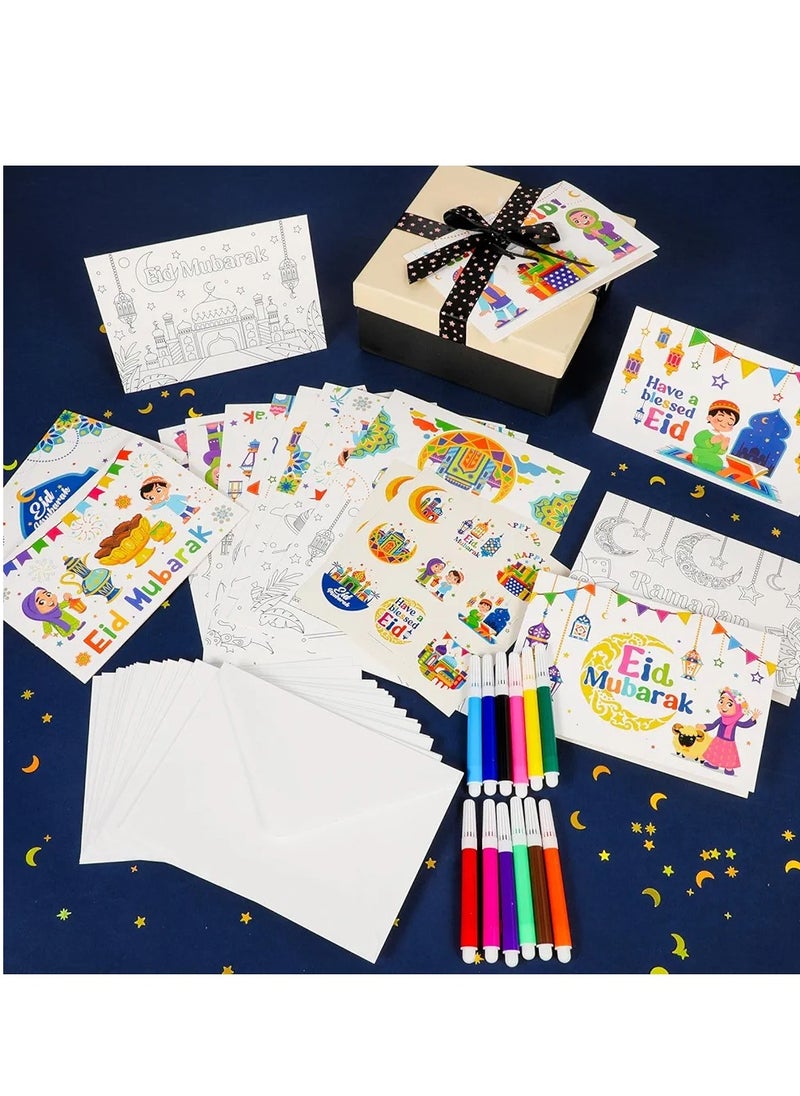 Generic 16pcs Eid Mubarak Greeting Cards Ramadan Mubarak Coloring Gift Cards with Stickers Envelopes Paint Pens, Ramadan Kareem Gift Cards for Kids, Eid Holiday Greeting Cards Eid Mubarak Party Favors  - Image 4