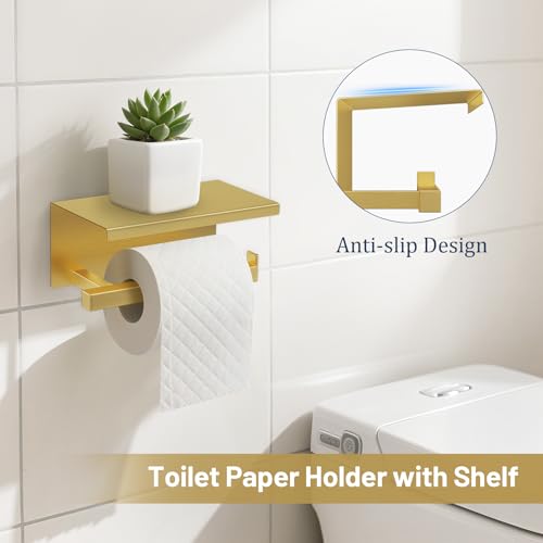 TURS Brushed Gold 5 Pieces Bathroom Hardware Set, SUS304 Stainless Steel 23.6 Inch Bath Towel Bar Set, Square Bathroom Accessories Kit Wall Mounted - Image 3