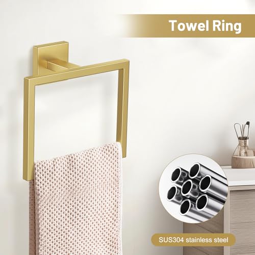 TURS Brushed Gold 5 Pieces Bathroom Hardware Set, SUS304 Stainless Steel 23.6 Inch Bath Towel Bar Set, Square Bathroom Accessories Kit Wall Mounted - Image 4