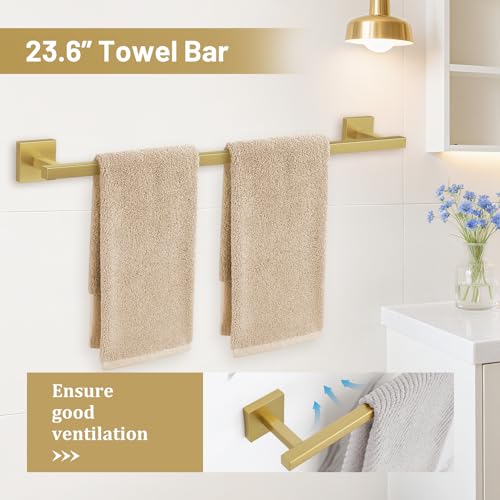 TURS Brushed Gold 5 Pieces Bathroom Hardware Set, SUS304 Stainless Steel 23.6 Inch Bath Towel Bar Set, Square Bathroom Accessories Kit Wall Mounted - Image 2