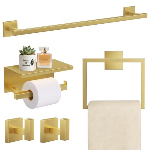 TURS Brushed Gold 5 Pieces Bathroom Hardware Set, SUS304 Stainless Steel 23.6 Inch Bath Towel Bar Set, Square Bathroom Accessories Kit Wall Mounted - Image 1