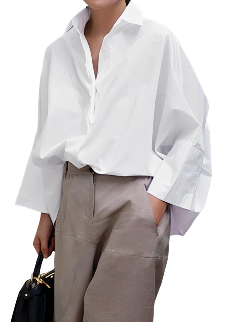 UOOZEE Womens Button Down Shirt Casual Long Sleeve Loose Fit Collared Work Blouse Tops White Large - Image 1