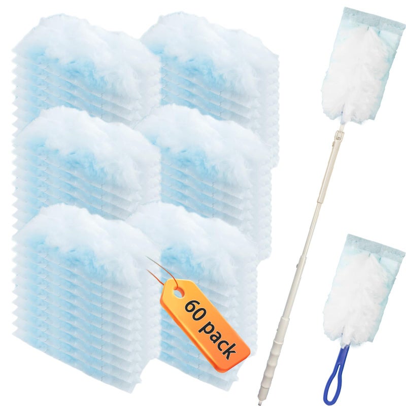 Hlimior 60 pcs 180Â° Duster Refills Compatible with Swiffer Dusters 180Â° Dusters, Heavy Duty Duster Replacement with 2 Extra Handle, Unscented (60 Count Refills+2 Handle) - Image 1
