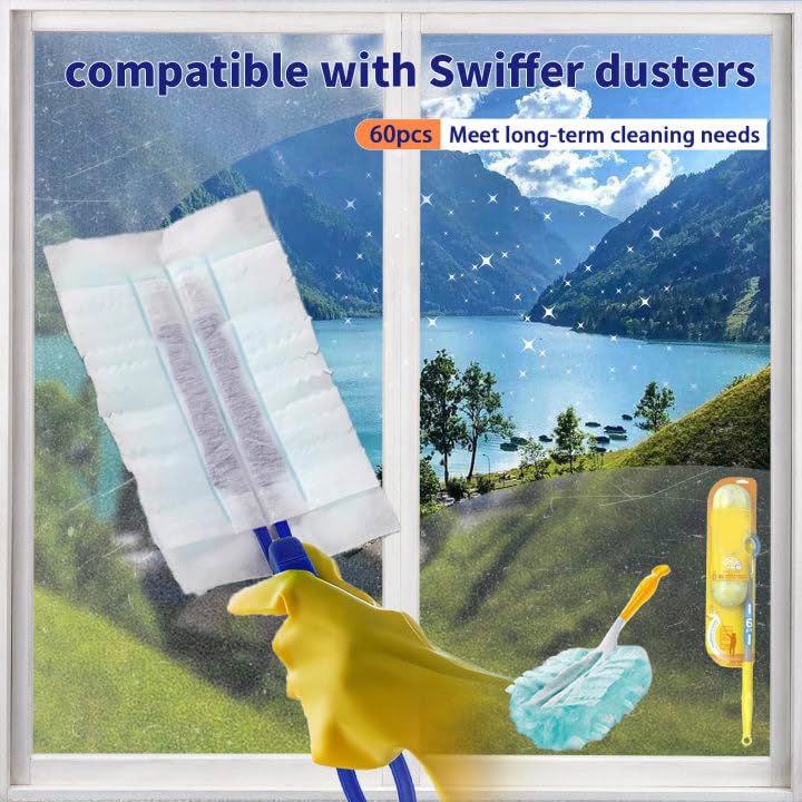 Hlimior 60 pcs 180Â° Duster Refills Compatible with Swiffer Dusters 180Â° Dusters, Heavy Duty Duster Replacement with 2 Extra Handle, Unscented (60 Count Refills+2 Handle) - Image 2